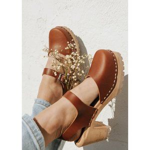 MIA Abba Swedish Wooden Clogs Italian Leather Luggage Brown Size 9 39